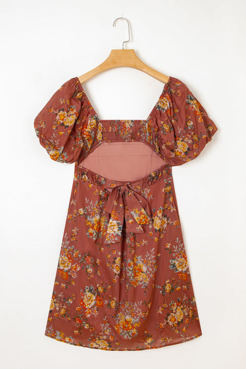 Floral Square Neck Puff Sleeve Open Back Mini Dress